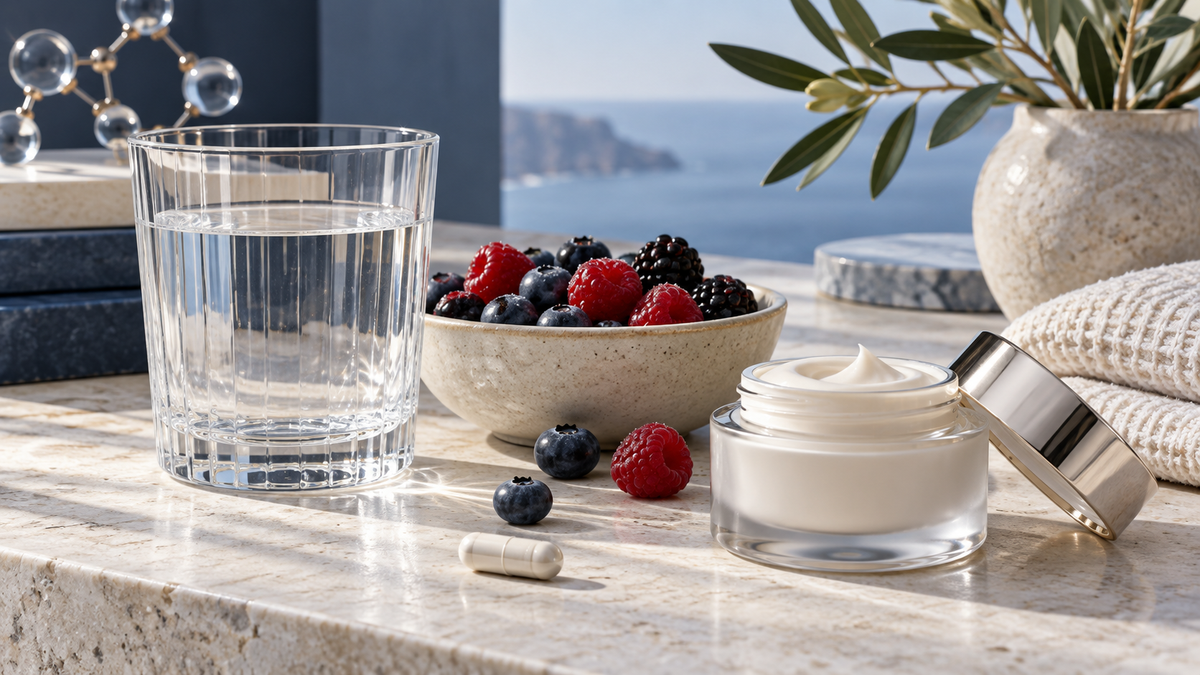 Water, berries, skincare and a supplement illustrating an inside-out skin routine