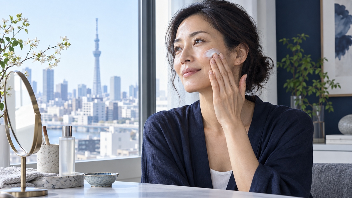 Japanese woman applying sunscreen in a preventive skincare routine