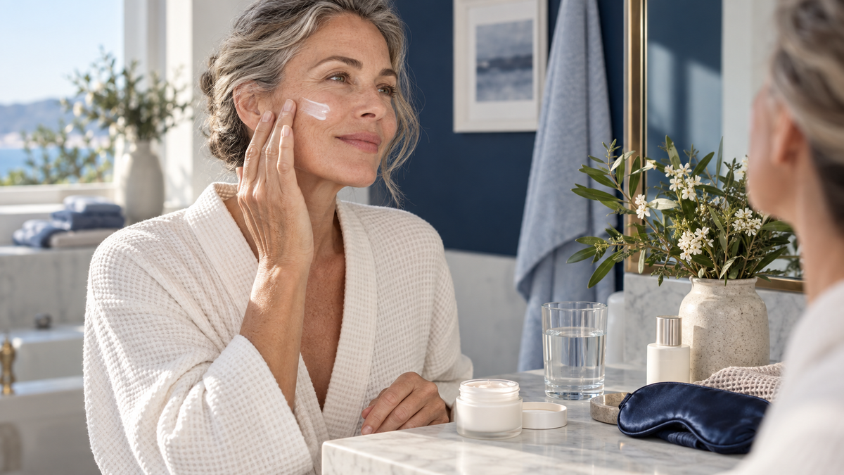 Mature woman applying sunscreen as part of a consistent wrinkle-care routine