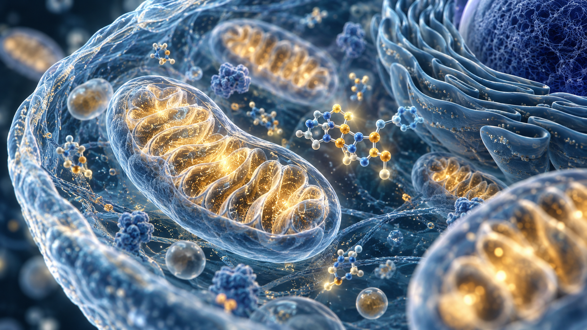 Cell and mitochondria visualization illustrating NAD+ and cellular energy