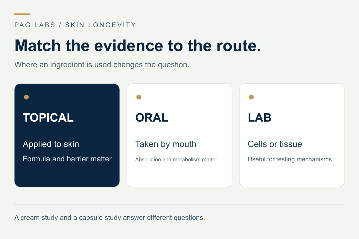 Topical application, oral supplementation and laboratory research use distinct routes and answer different questions.