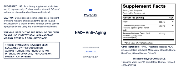 PAG NAD CORE Supplement Facts label