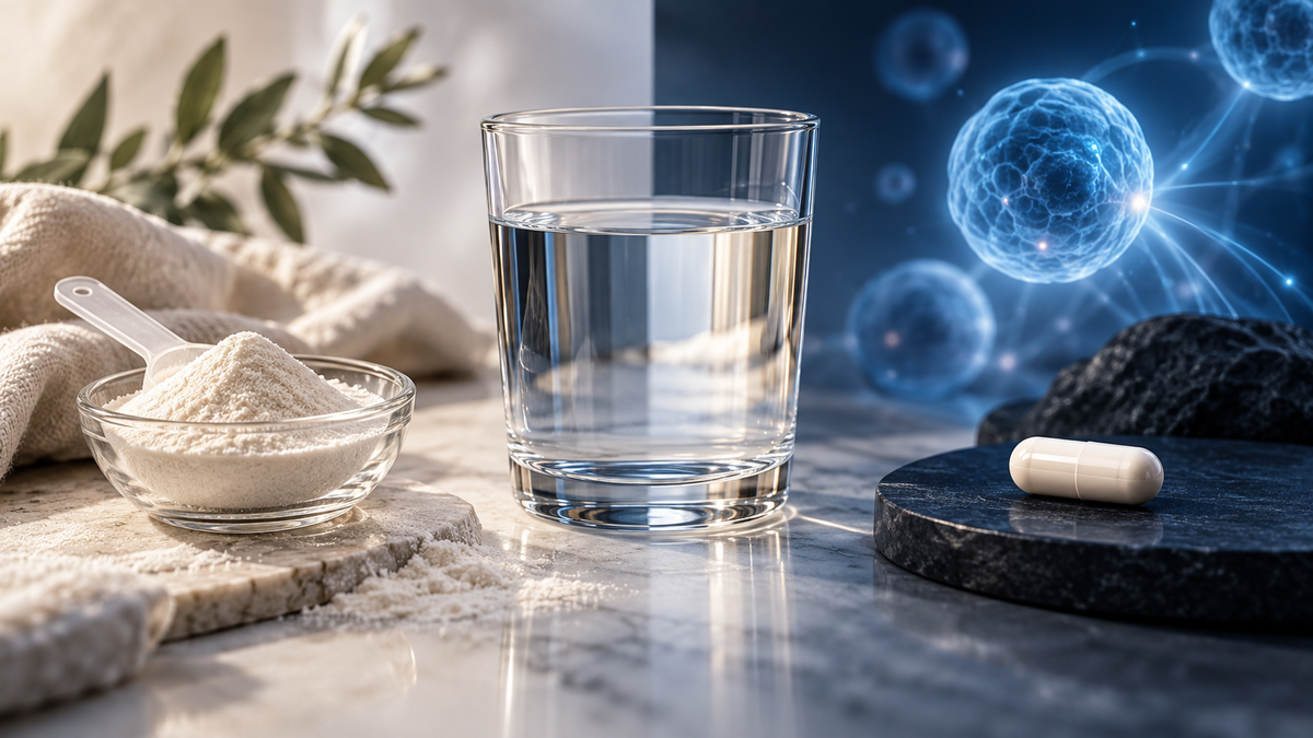 Collagen powder and a capsule illustrating collagen versus NAD+ research