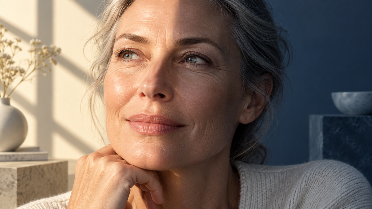 Mature skin in sun and shade illustrating photoaging and intrinsic aging