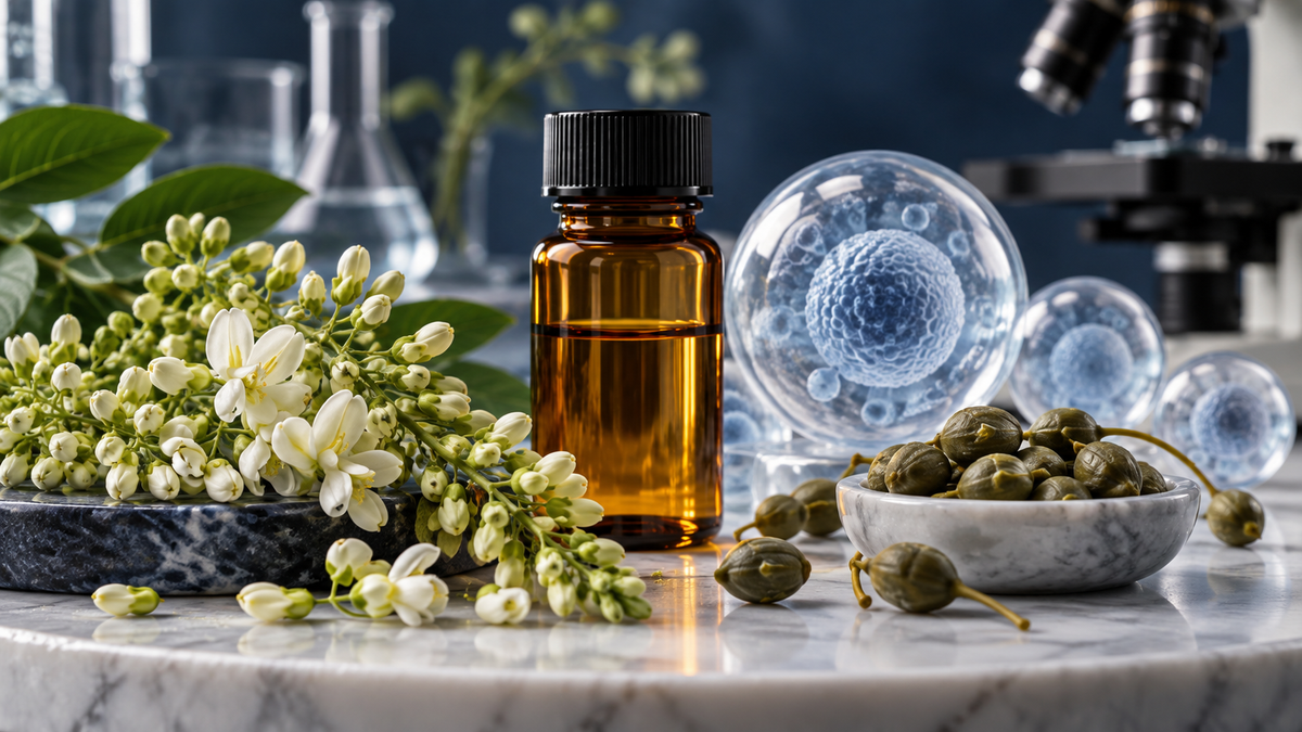 Sophora flowers and laboratory imagery illustrating quercetin research