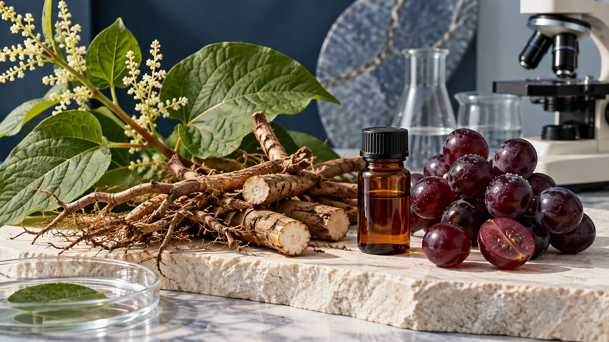 Japanese knotweed, grapes and laboratory vial illustrating resveratrol research